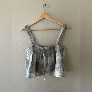 NWT American Eagle Cotton Linen Blend Pastel Plaid Flounce Crop Tank Top Size S